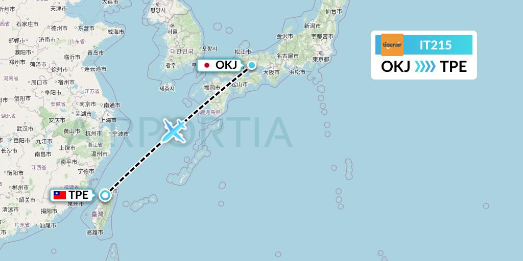 IT215 Tigerair Taiwan Flight Map: Okayama to Taipei