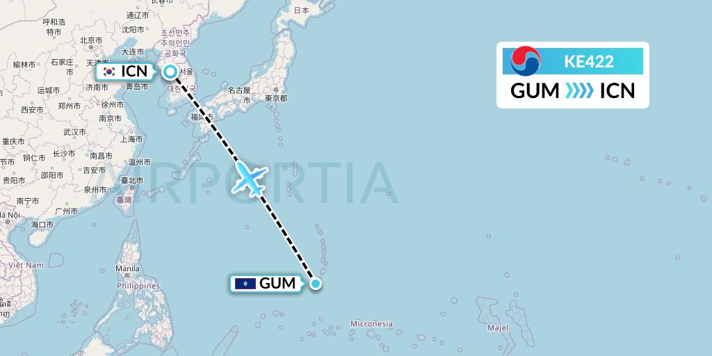 KE422 Korean Air Flight Map: Guam to Seoul