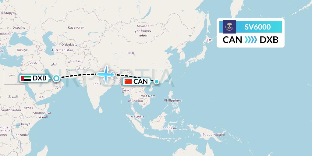 SV6000 Saudi Arabian Airlines Flight Map: Guangzhou to Dubai