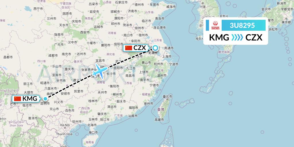 3U8295 Sichuan Airlines Flight Map: Kunming to Changzhou