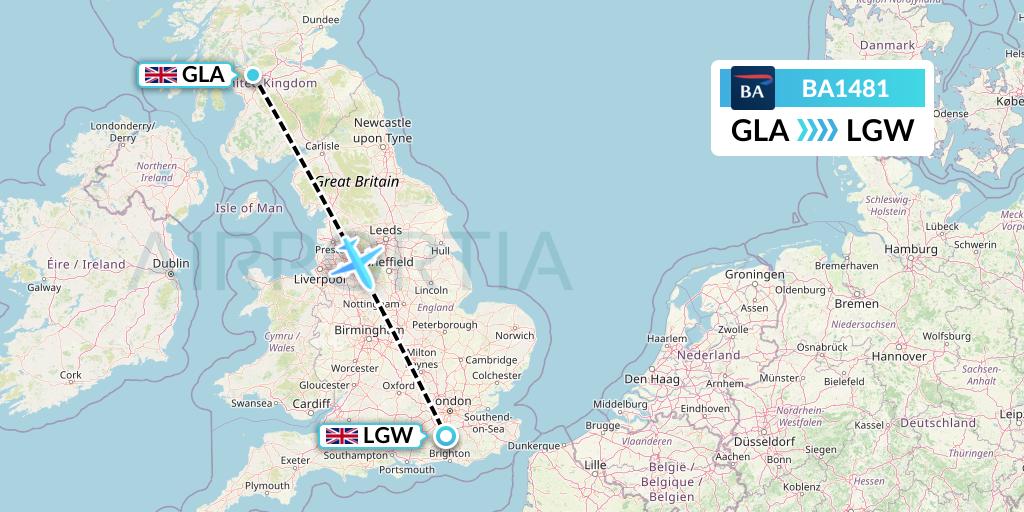 BA1481 British Airways Flight Map: Glasgow to London