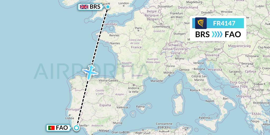 FR4147 Ryanair Flight Map: Bristol to Faro