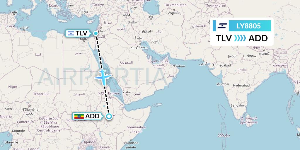 LY8805 El Al Flight Map: Tel Aviv to Addis Ababa