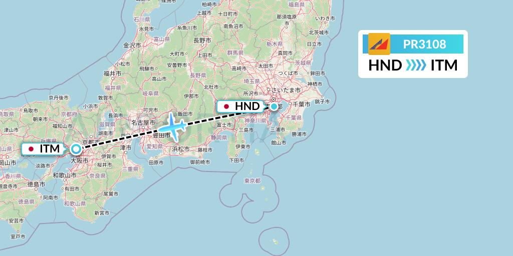 PR3108 Philippine Airlines Flight Map: Tokyo to Osaka