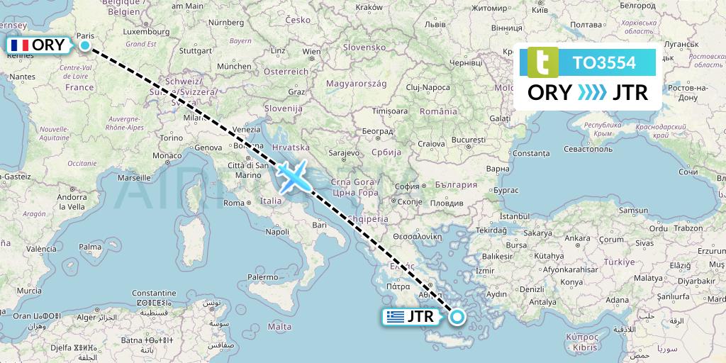 TO3554 Transavia France Flight Map: Paris to Santorini