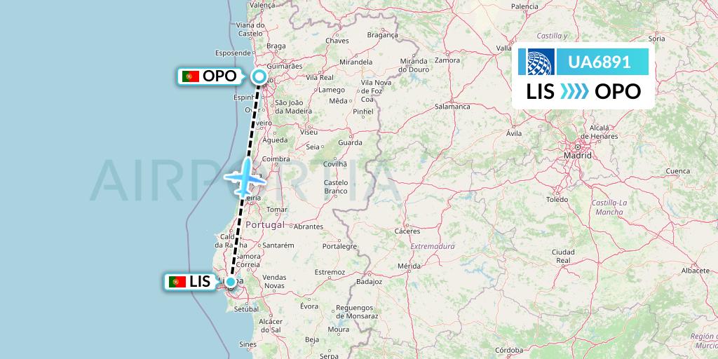 UA6891 United Airlines Flight Map: Lisbon to Porto