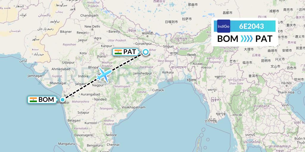6E2043 IndiGo Airlines Flight Map: Mumbai to Patna