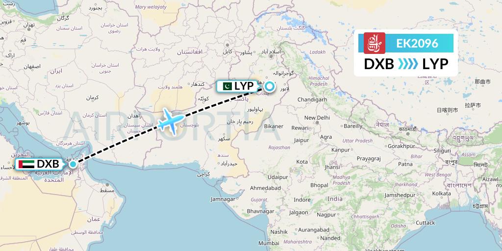 EK2096 Emirates Flight Map: Dubai to Faisalabad