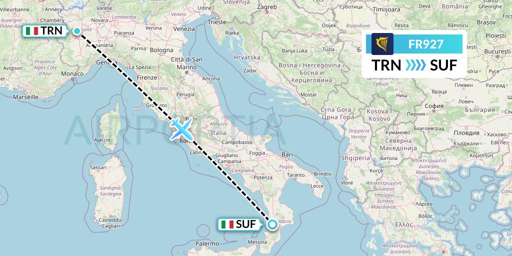 FR927 Ryanair Flight Map: Turin to Lamezia Terme