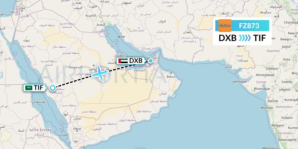 FZ873 FlyDubai Flight Map: Dubai to Taif