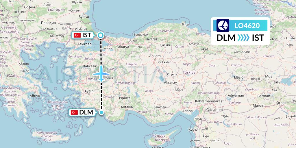 LO4620 LOT Flight Map: Dalaman to Istanbul