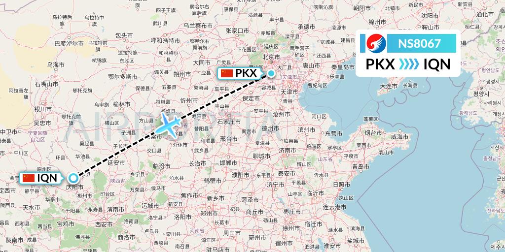 NS8067 Hebei Airlines Flight Map: Beijing to Qingyang