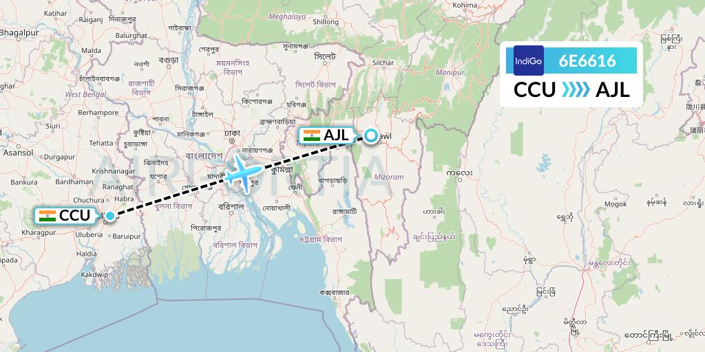 6E6616 IndiGo Airlines Flight Map: Kolkata to Aizawl