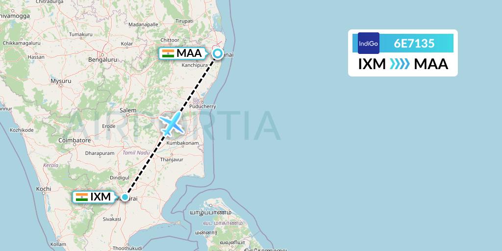 6E7135 IndiGo Airlines Flight Map: Madurai to Chennai