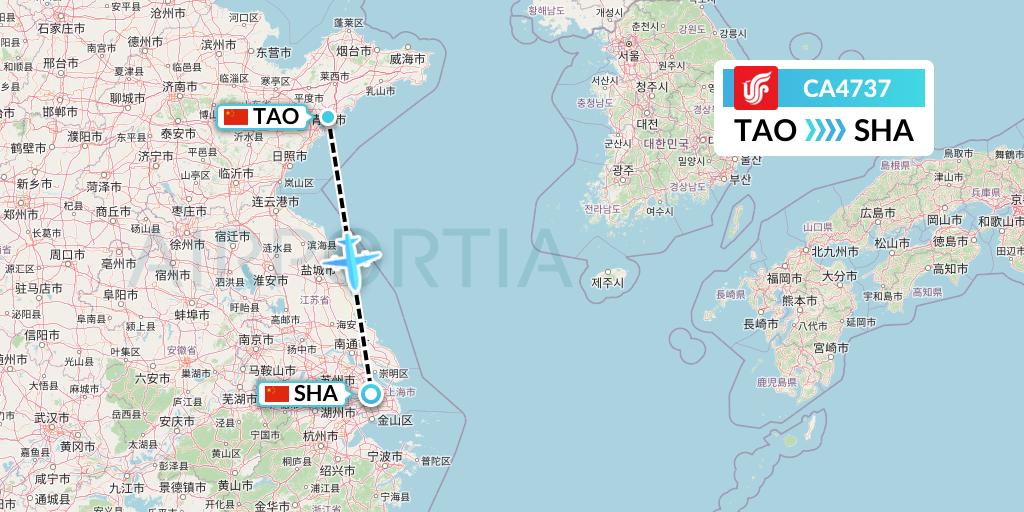 CA4737 Air China Flight Map: Qingdao to Shanghai