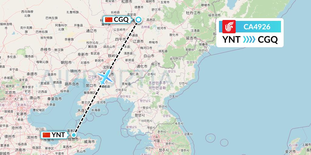 CA4926 Air China Flight Map: Yantai to Changchun