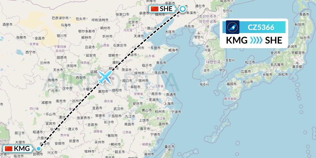 CZ5366 China Southern Airlines Flight Map: Kunming to Shenyang