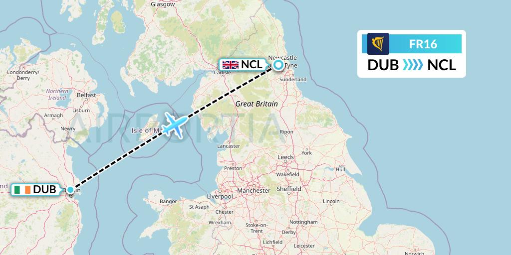 FR16 Ryanair Flight Map: Dublin to Newcastle