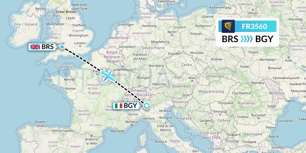 FR3560 Ryanair Flight Map: Bristol to Milan