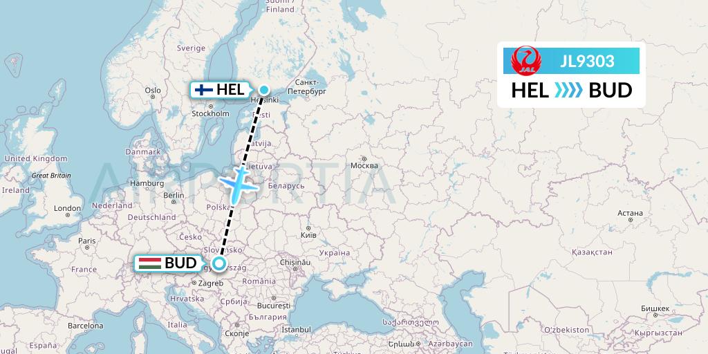 JL9303 Japan Airlines Flight Map: Helsinki to Budapest
