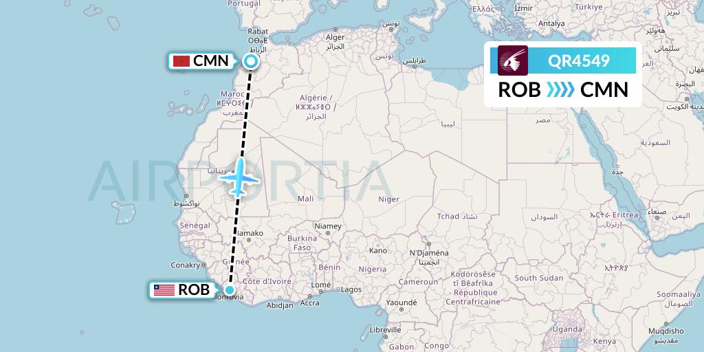 QR4549 Qatar Airways Flight Map: Monrovia to Casablanca
