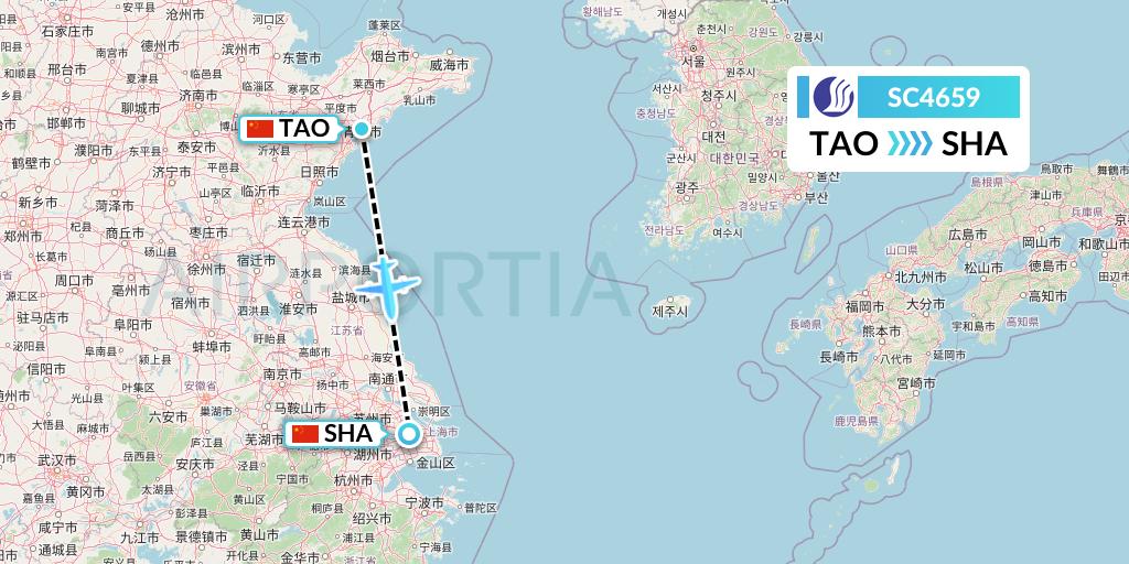 SC4659 Shandong Airlines Flight Map: Qingdao to Shanghai