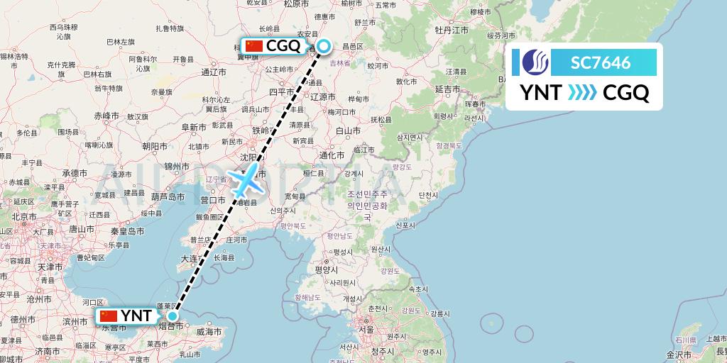SC7646 Shandong Airlines Flight Map: Yantai to Changchun