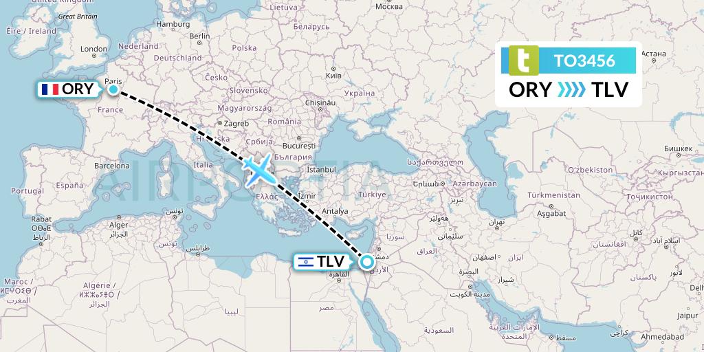 TO3456 Transavia France Flight Map: Paris to Tel Aviv
