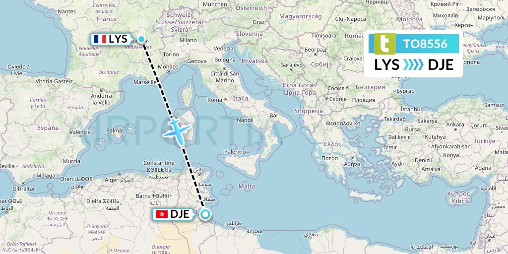 TO8556 Transavia France Flight Map: Lyon to Djerba