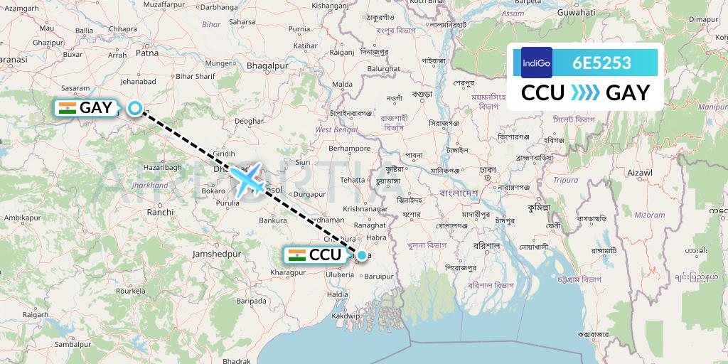 6E5253 IndiGo Airlines Flight Map: Kolkata to Gaya