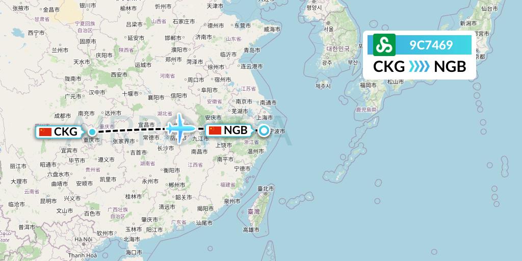 9C7469 Spring Airlines Flight Map: Chongqing to Ningbo