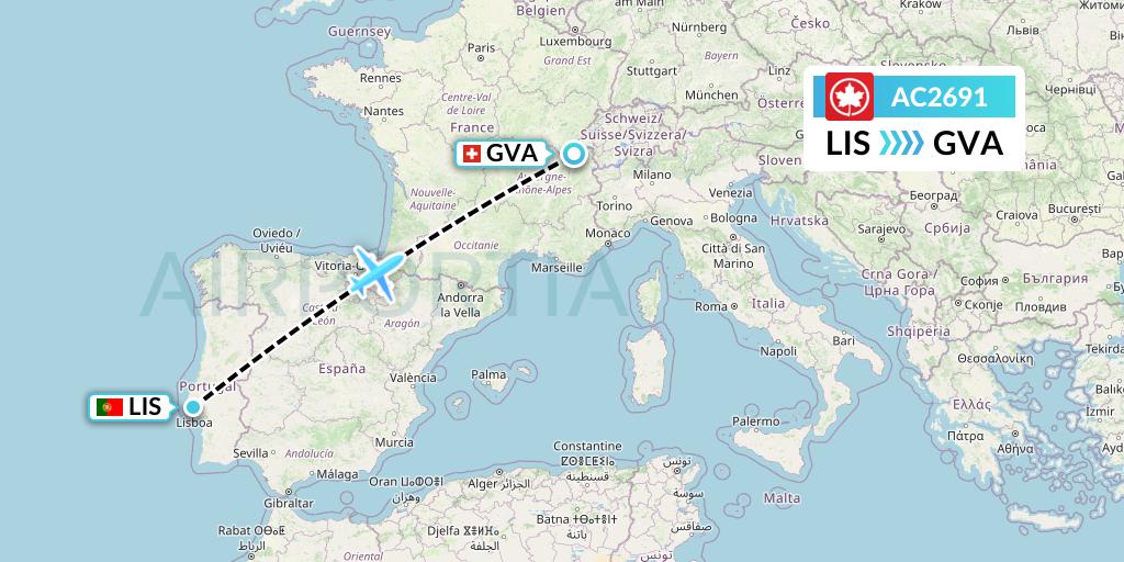 AC2691 Air Canada Flight Map: Lisbon to Geneva