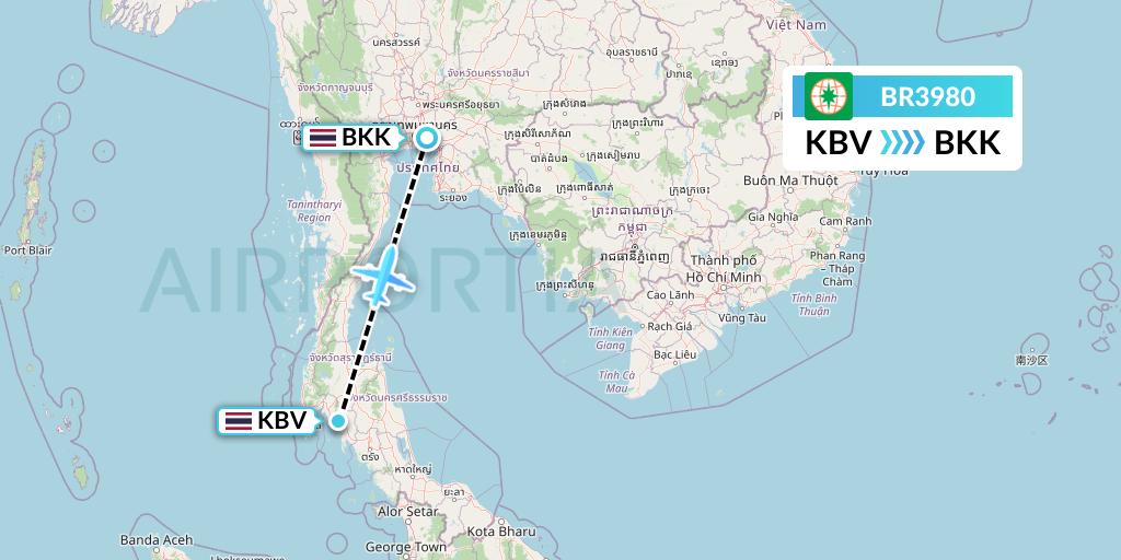 BR3980 EVA Air Flight Map: Krabi to Bangkok
