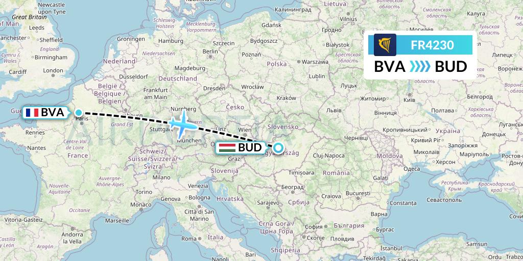 FR4230 Ryanair Flight Map: Paris to Budapest