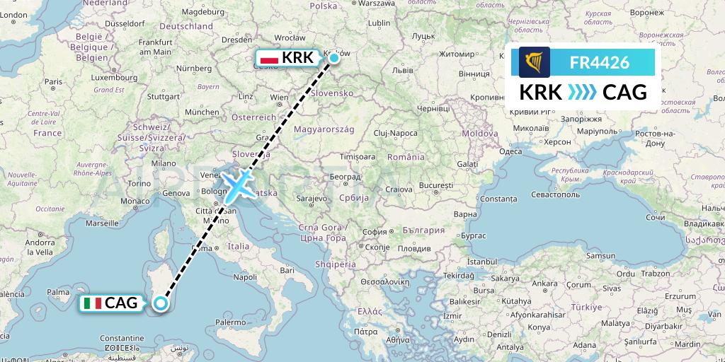 FR4426 Ryanair Flight Map: Krakow to Cagliari
