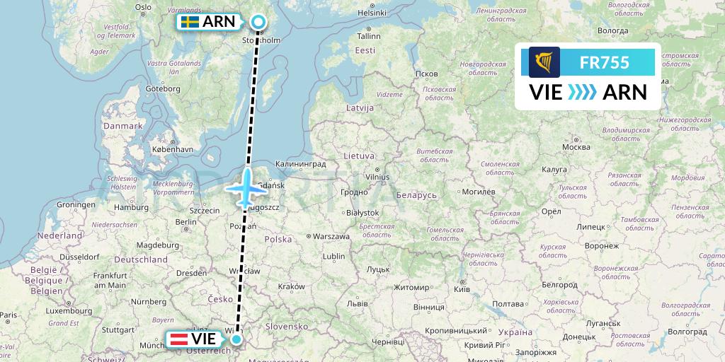 FR755 Ryanair Flight Map: Vienna to Stockholm