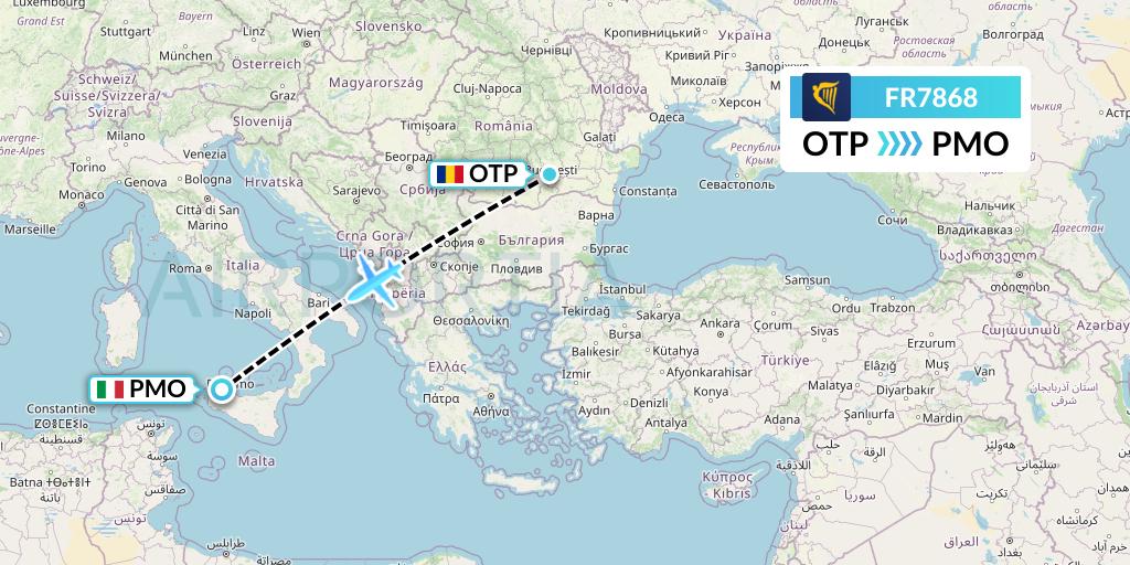 FR7868 Ryanair Flight Map: Bucharest to Palermo