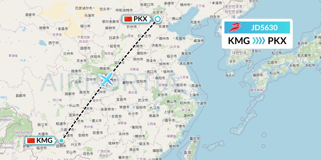 JD5630 Capital Airlines Flight Map: Kunming to Beijing