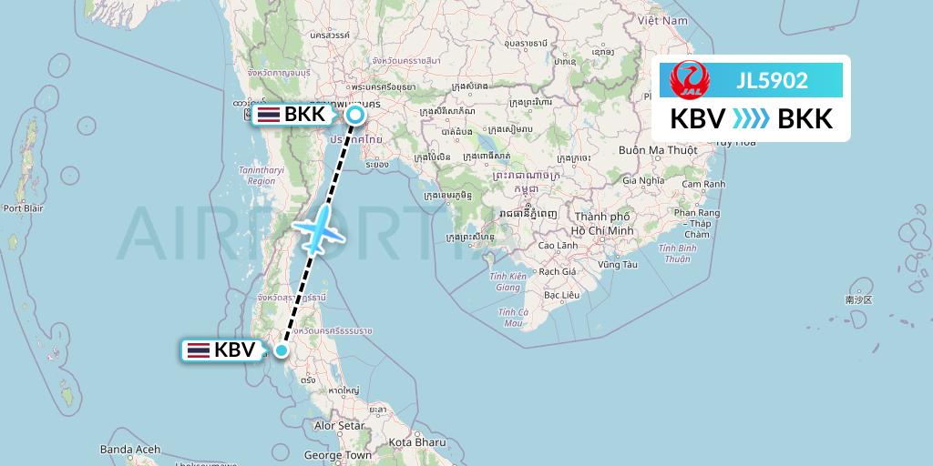JL5902 Japan Airlines Flight Map: Krabi to Bangkok