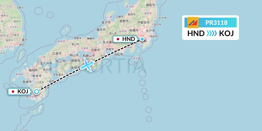 PR3118 Philippine Airlines Flight Map: Tokyo to Kagoshima