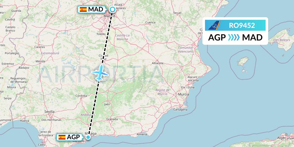 RO9452 Tarom Flight Map: Malaga to Madrid