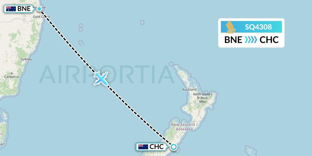 SQ4308 Singapore Airlines Flight Map: Brisbane to Christchurch