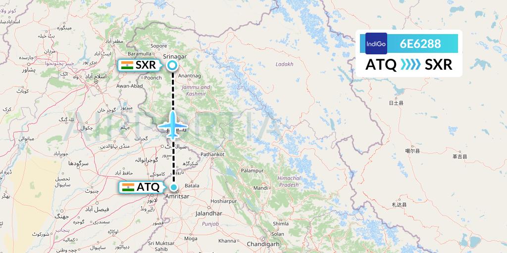 6E6288 IndiGo Airlines Flight Map: Amritsar to Srinagar
