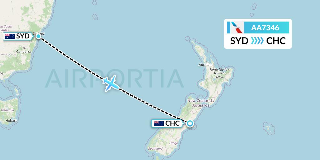 AA7346 American Airlines Flight Map: Sydney to Christchurch