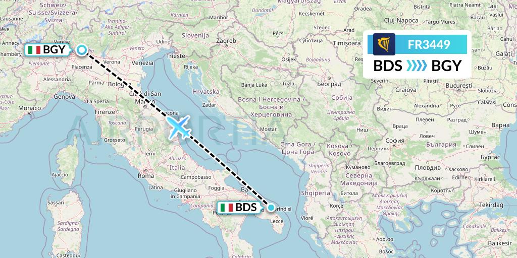 FR3449 Ryanair Flight Map: Brindisi to Milan