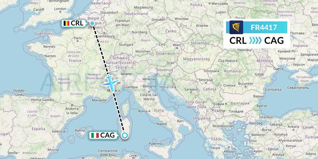 FR4417 Ryanair Flight Map: Brussels to Cagliari