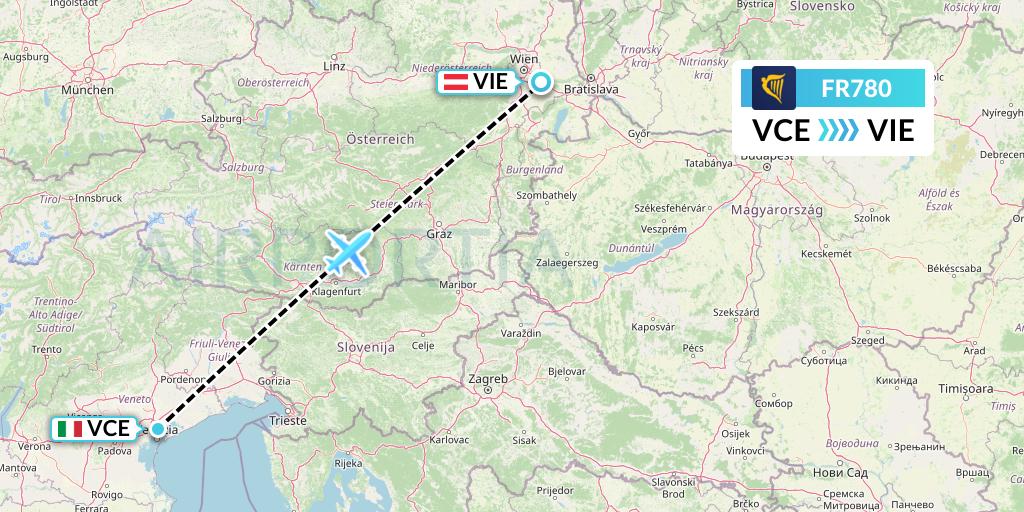FR780 Ryanair Flight Map: Venice to Vienna