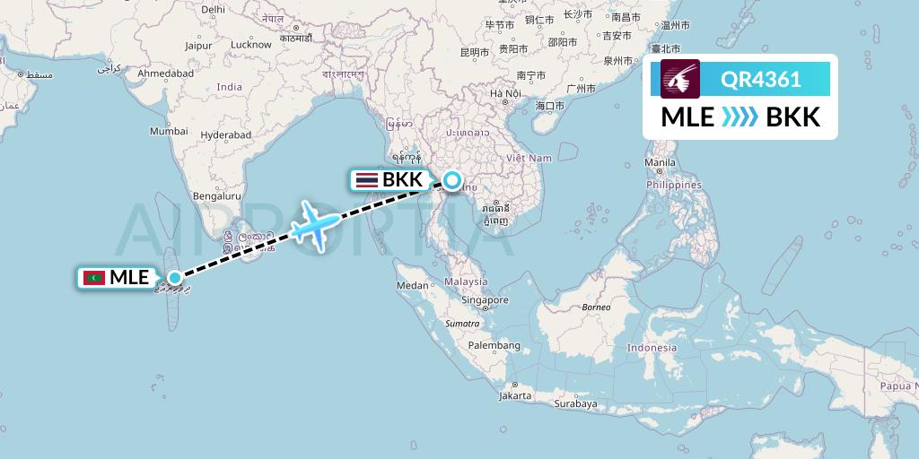 QR4361 Qatar Airways Flight Map: Male to Bangkok