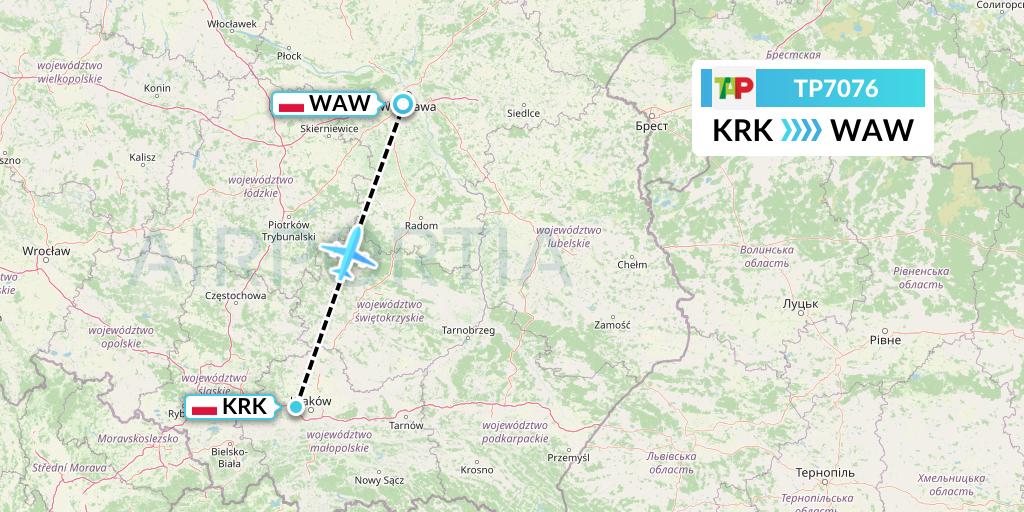 TP7076 TAP Portugal Flight Map: Krakow to Warsaw