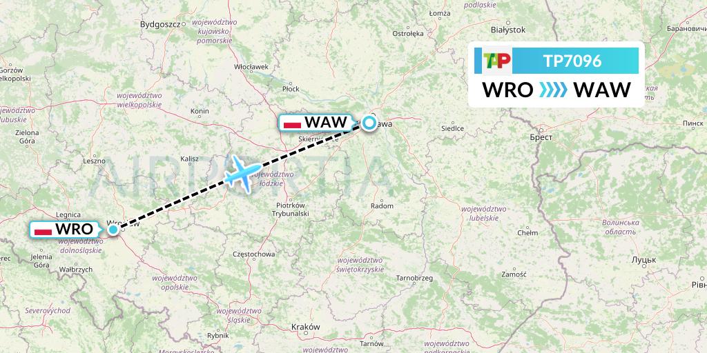 TP7096 TAP Portugal Flight Map: Wroclaw to Warsaw